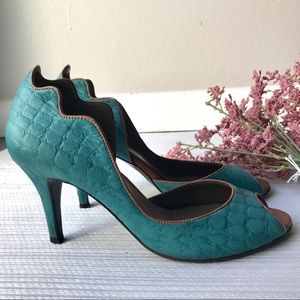 Turquoise with Brown Trim Leather Heels